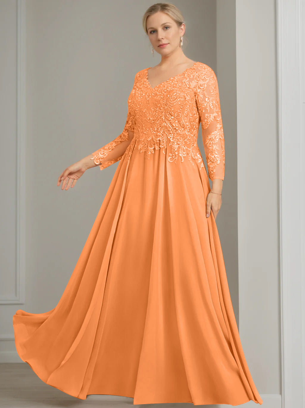 A-Line/Princess V-Neck 3/4 Length Sleeves Floor-Length Plus Size Mother of the Bride Dresses with Sequins Orange A-Line/Princess V-Neck 3/4 Length Sleeves Floor-Length Plus Size Mother of the Bride Dresses with Sequins Orange