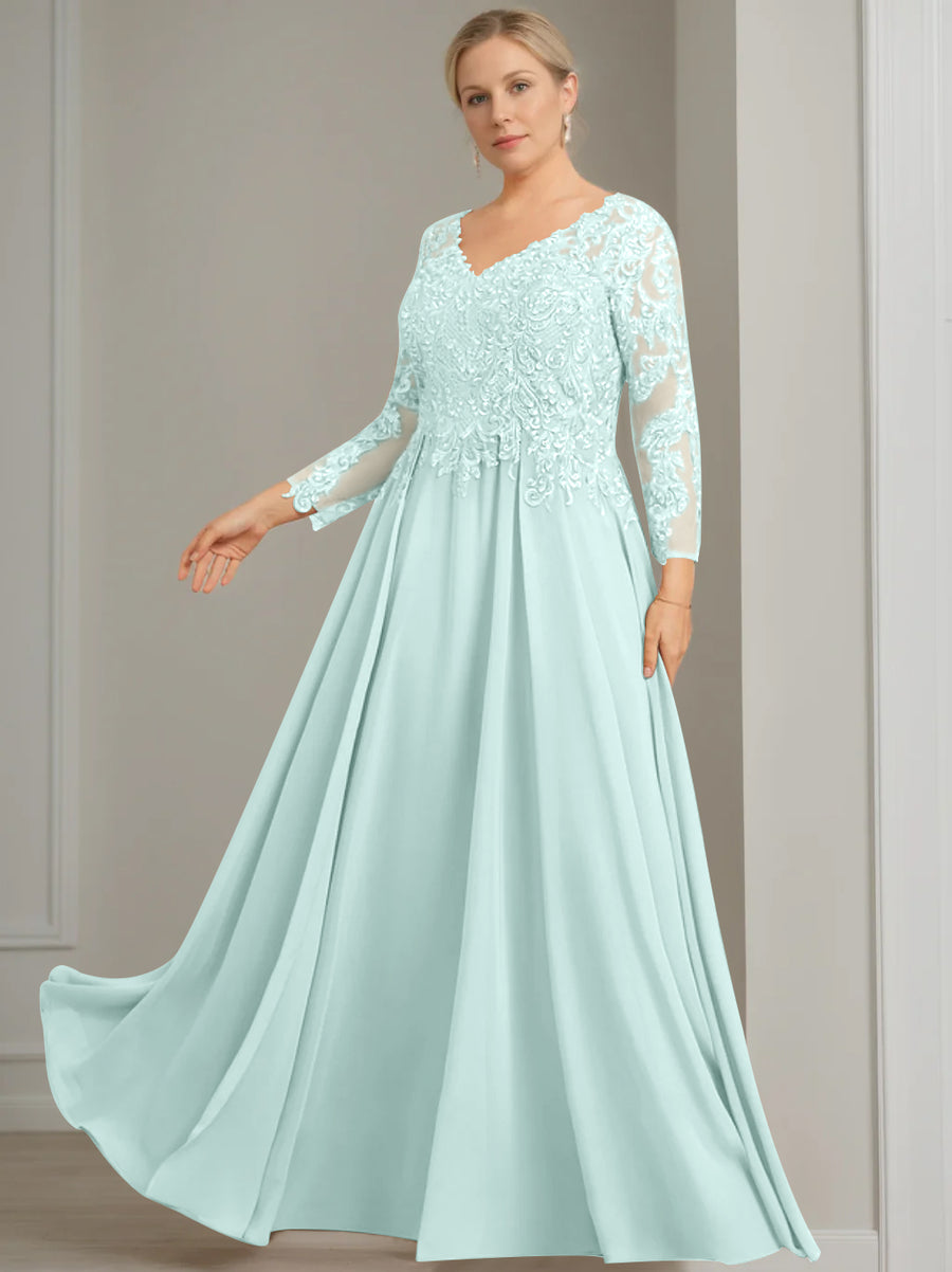 A-Line/Princess V-Neck 3/4 Length Sleeves Floor-Length Plus Size Mother of the Bride Dresses with Sequins