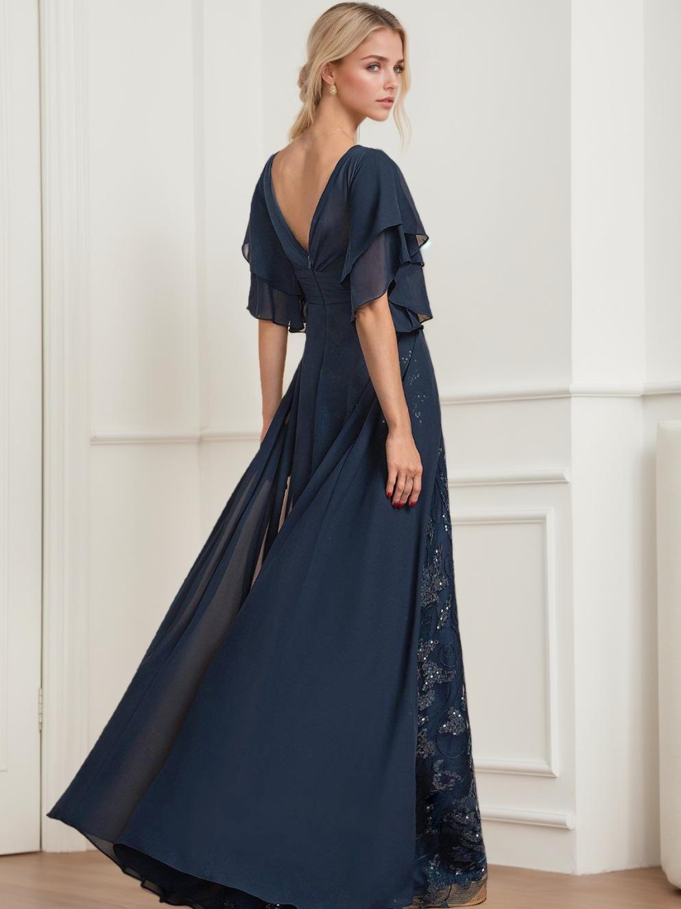 A-Line/Princess V-Neck Half Sleeves Floor-Length Plus SizeMother of the Bride Dresses with Pleated