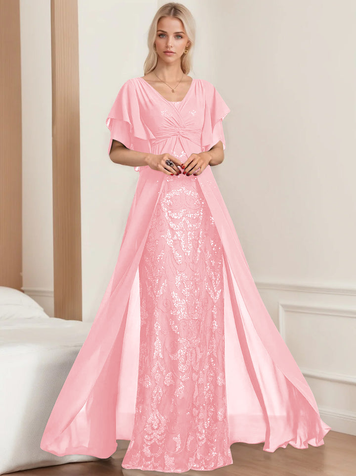 A-Line/Princess V-Neck Half Sleeves Floor-Length Plus SizeMother of the Bride Dresses with Pleated