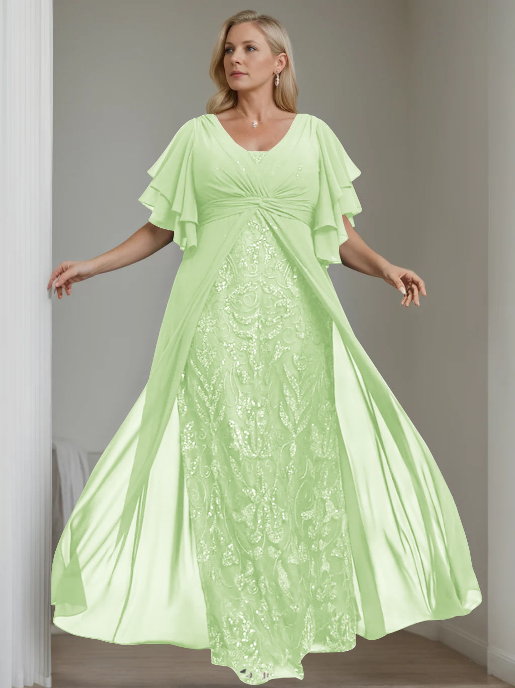 A-Line/Princess V-Neck Half Sleeves Floor-Length Plus Size Mother of the Bride Dresses with Pleated