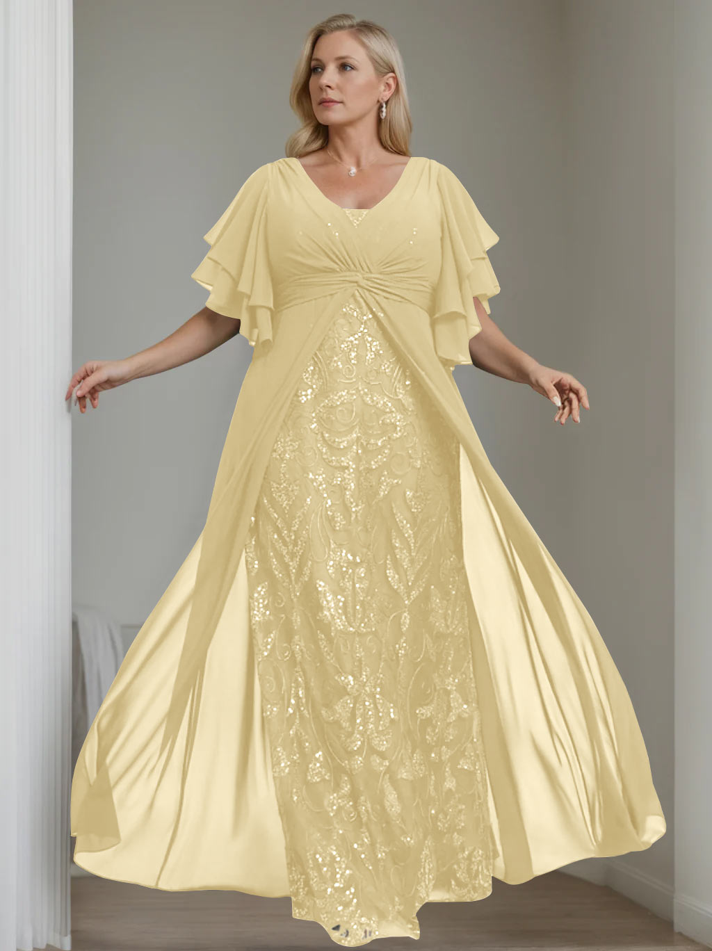 A-Line/Princess V-Neck Half Sleeves Floor-Length Plus Size Mother of the Bride Dresses with Pleated