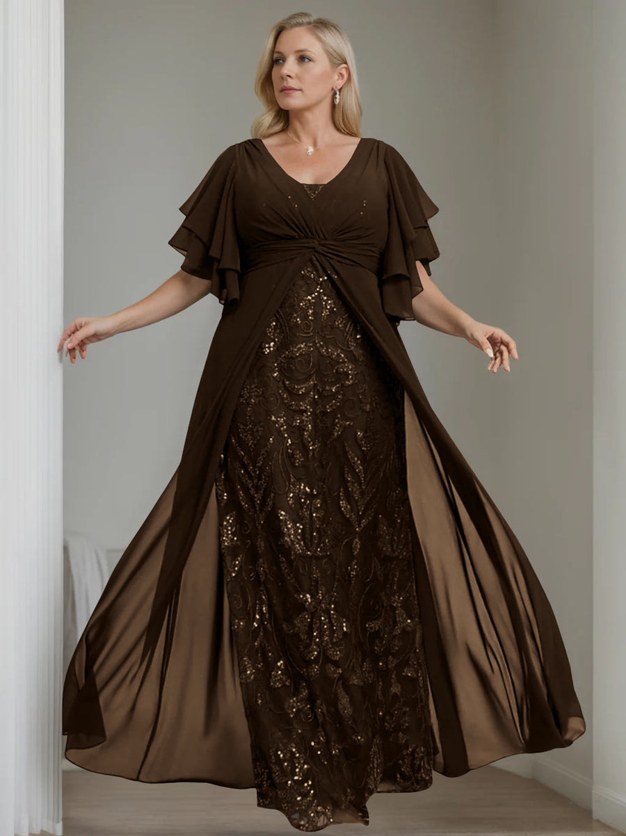 Sheath/Column One-Shoulder Half Sleeves Floor-Length Plus Size Mother of the Bride Dresses