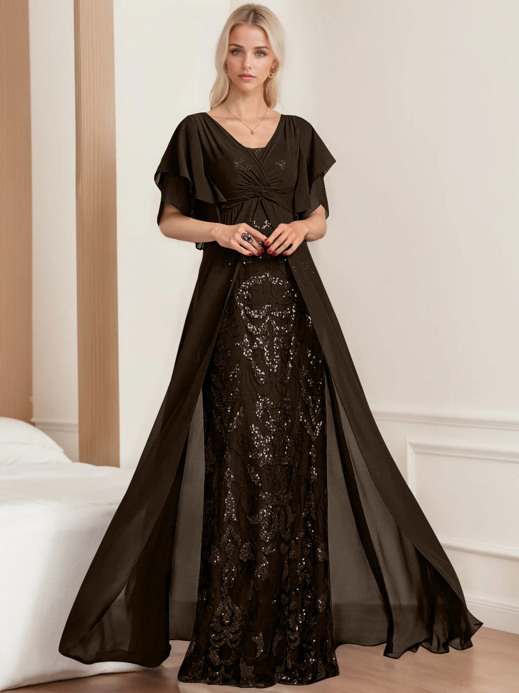 A-Line/Princess V-Neck Half Sleeves Floor-Length Plus SizeMother of the Bride Dresses with Pleated