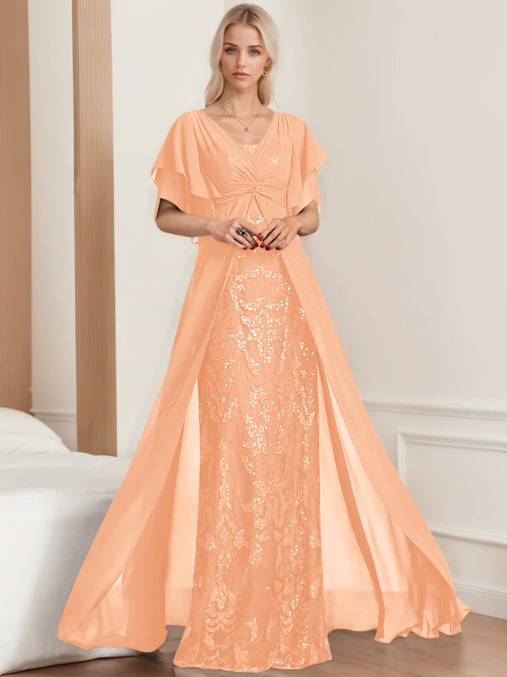 A-Line/Princess V-Neck Half Sleeves Floor-Length Plus SizeMother of the Bride Dresses with Pleated