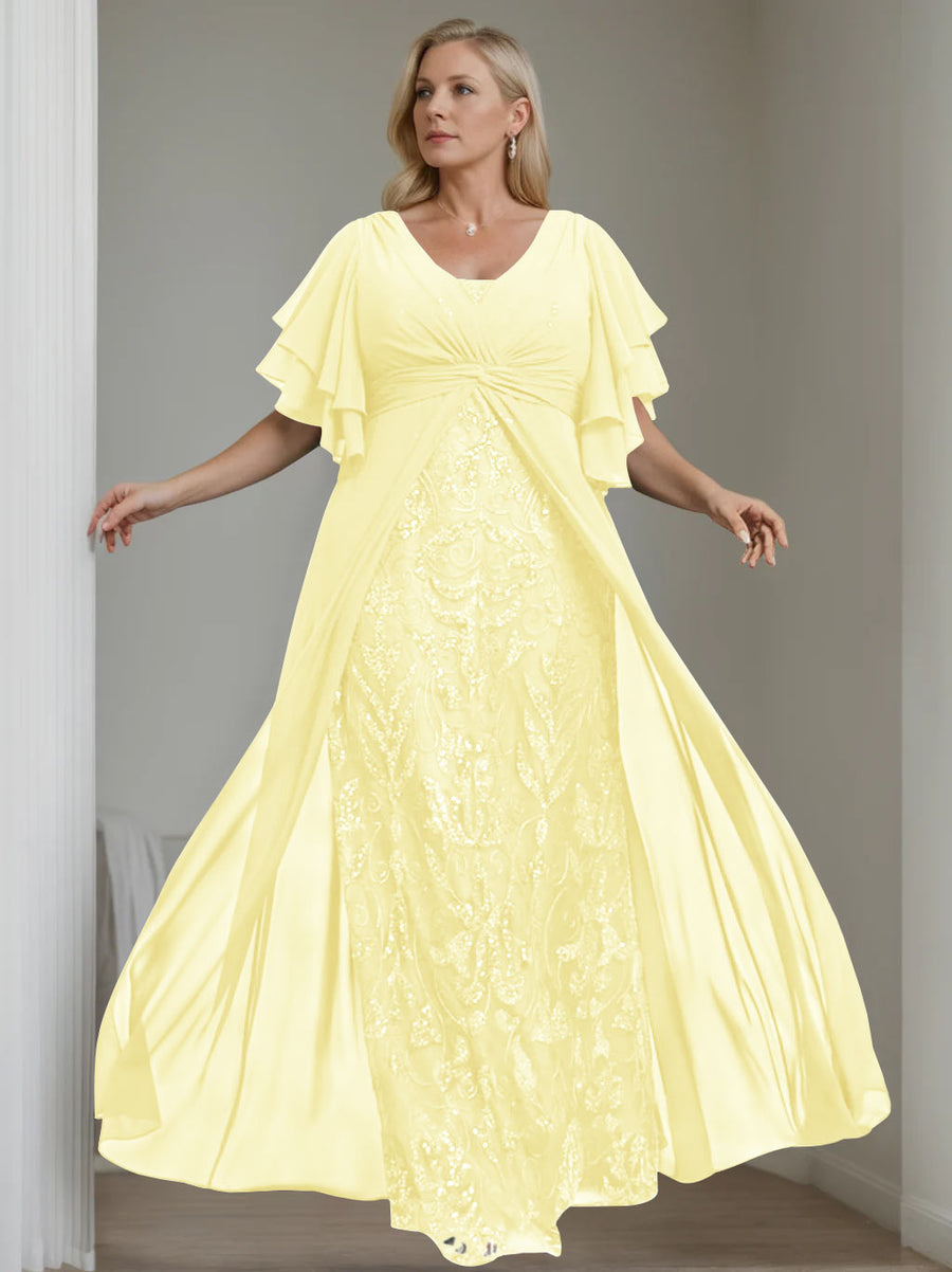 Elegant A Line V-neck Half Lantern Sleeves Chiffon Tea-Length Plus Size Mother of the Bride Dress main image 0