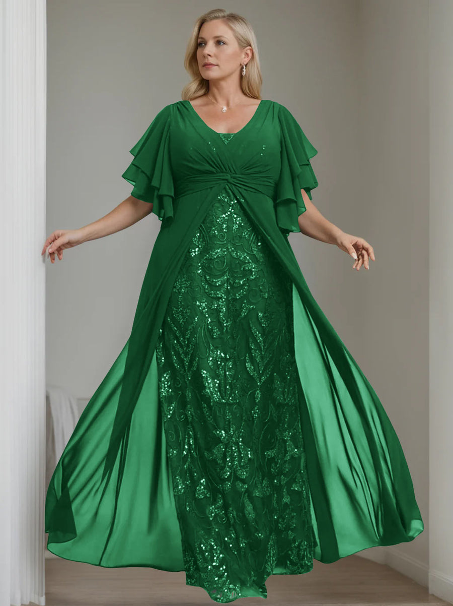 A-Line Princess V-Neck Short Sleeves Tea-Length Plus Size Mother Of The Bride Dresses with Sequins main image 0