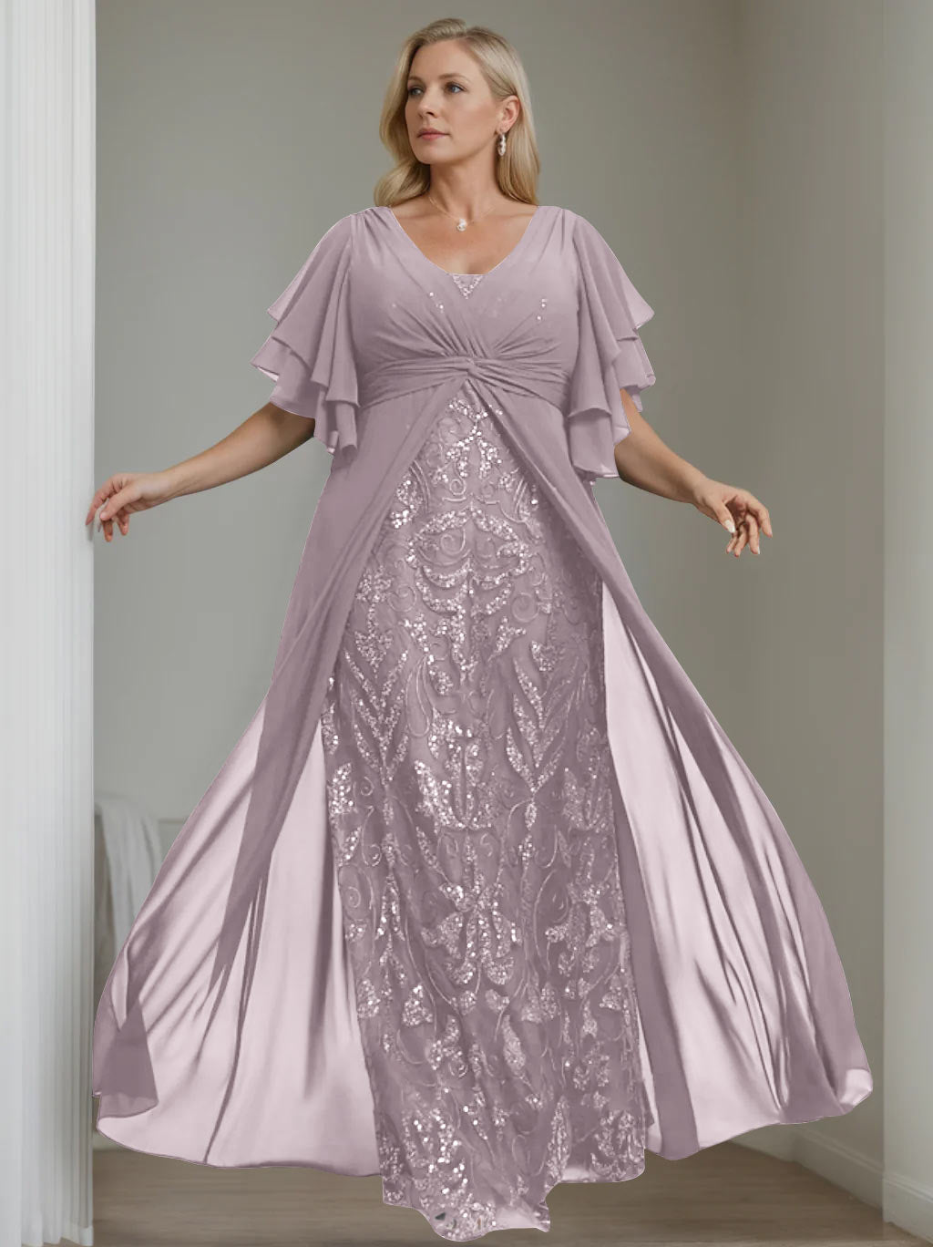 A-Line/Princess V-Neck Half Sleeves Floor-Length Plus Size Mother of the Bride Dresses with Pleated