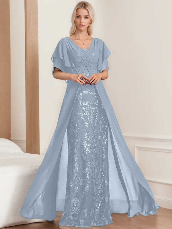 A-Line/Princess V-Neck Half Sleeves Floor-Length Plus SizeMother of the Bride Dresses with Pleated