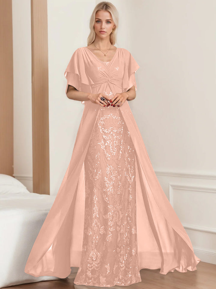 A-Line/Princess V-Neck Half Sleeves Floor-Length Plus SizeMother of the Bride Dresses with Pleated