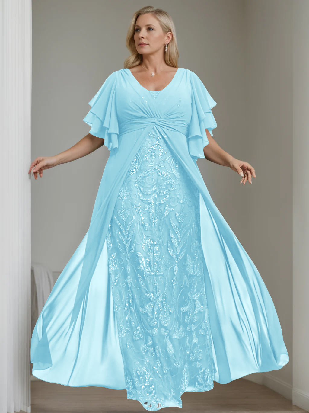 A-Line/Princess V-Neck Half Sleeves Floor-Length Plus Size Mother of the Bride Dresses with Pleated Light Blue