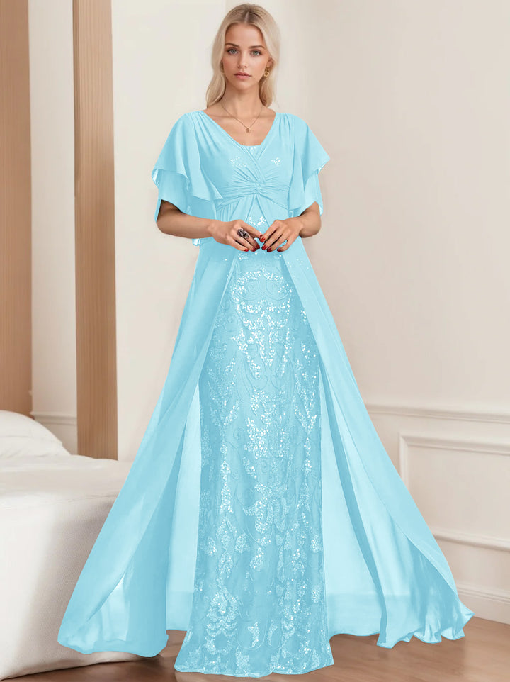 A-Line/Princess V-Neck Half Sleeves Floor-Length Plus SizeMother of the Bride Dresses with Pleated