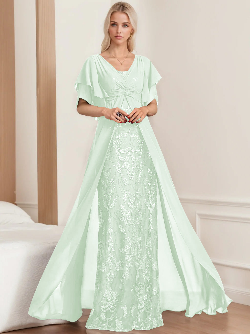 A-Line/Princess V-Neck Half Sleeves Floor-Length Plus SizeMother of the Bride Dresses with Pleated