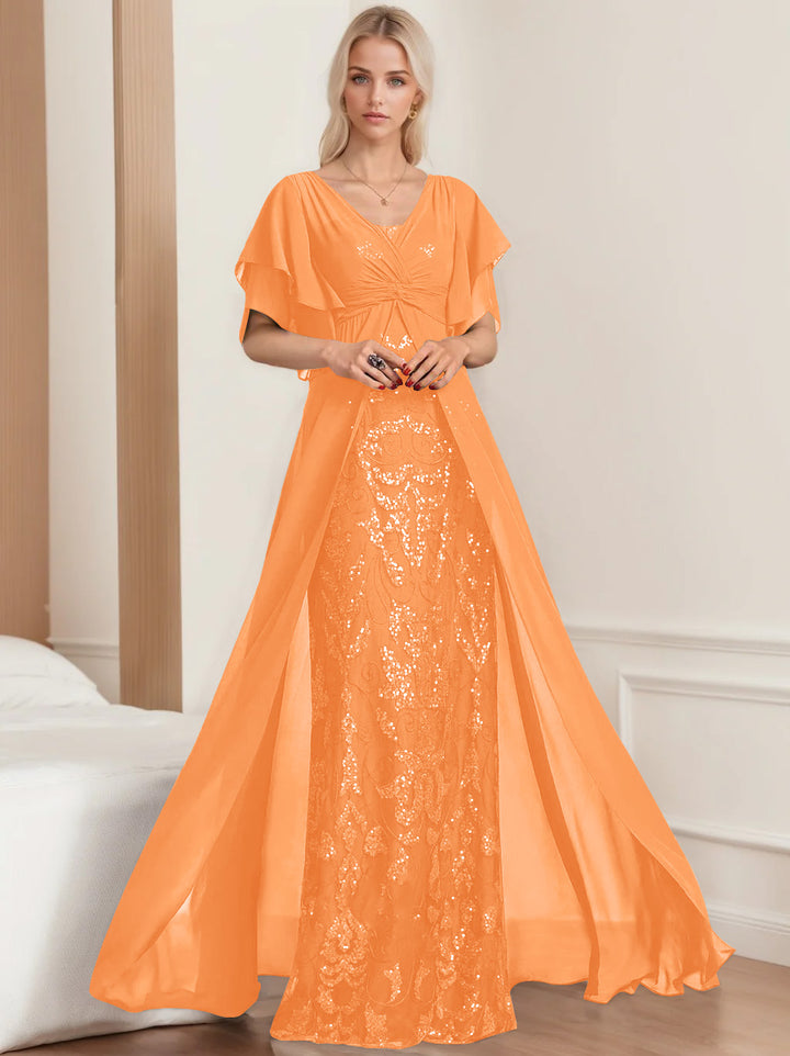 A-Line/Princess V-Neck Half Sleeves Floor-Length Plus SizeMother of the Bride Dresses with Pleated