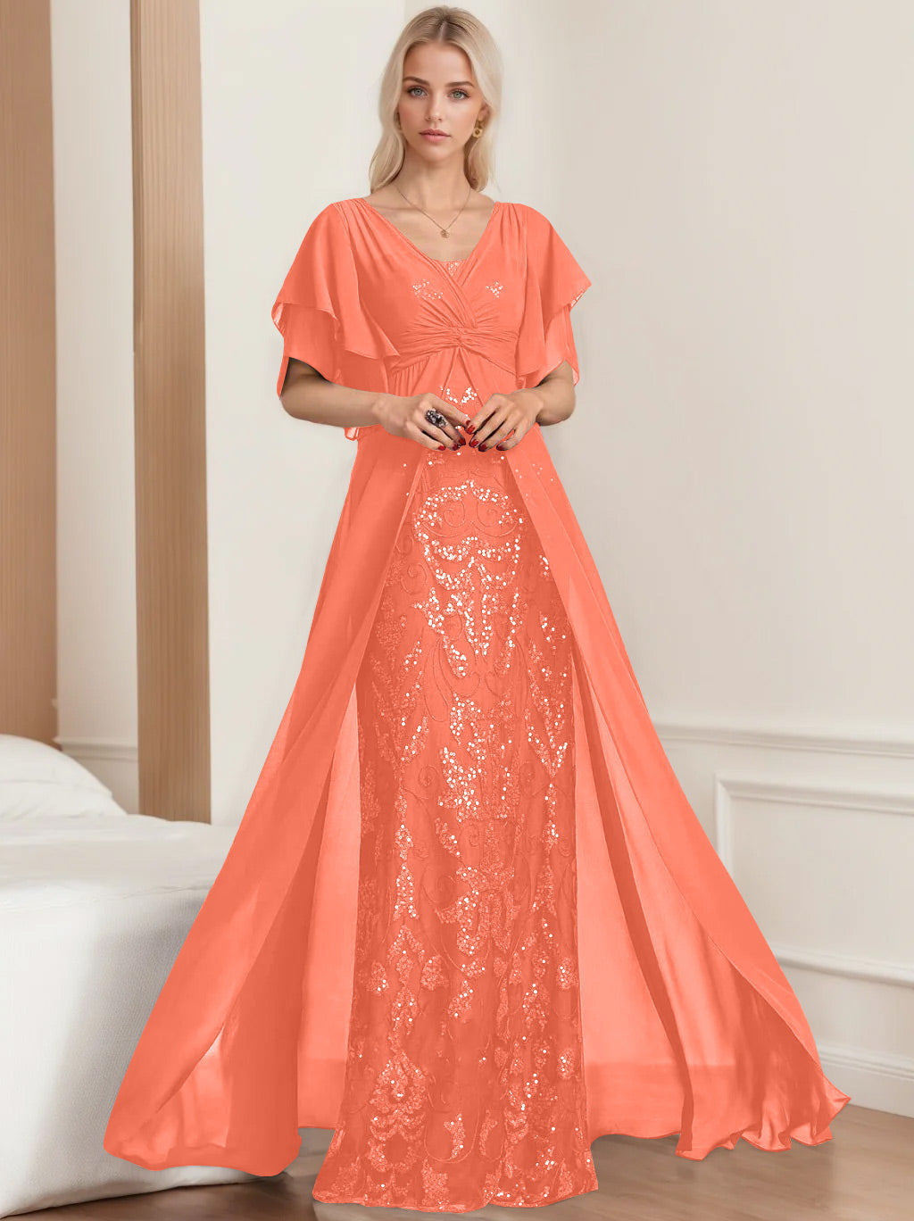 A-Line/Princess V-Neck Half Sleeves Floor-Length Plus SizeMother of the Bride Dresses with Pleated