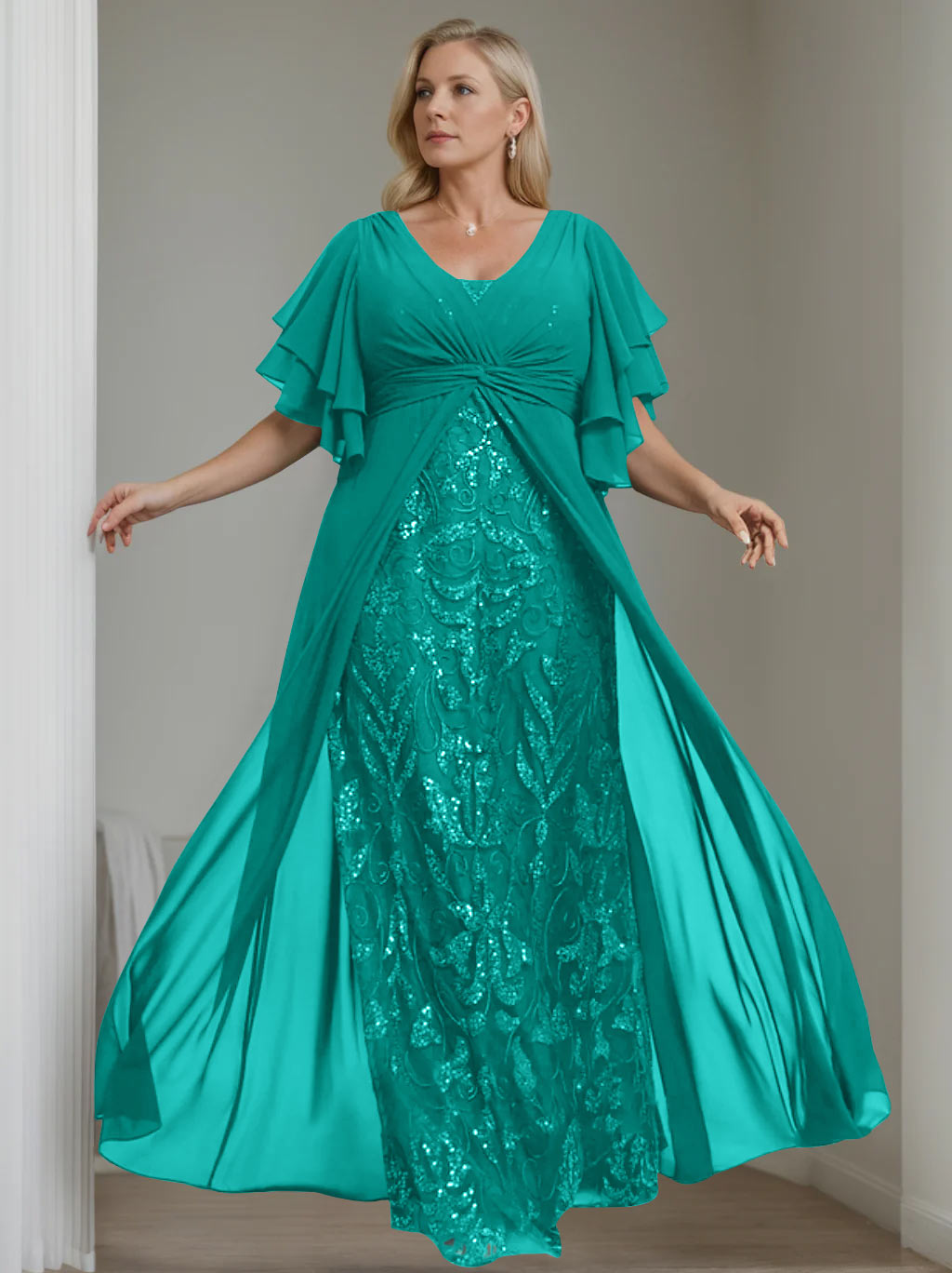 A-Line/Princess V-Neck Half Sleeves Floor-Length Plus Size Mother of the Bride Dresses with Pleated