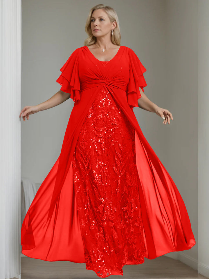 A-Line/Princess V-Neck Half Sleeves Floor-Length Plus Size Mother of the Bride Dresses with Pleated