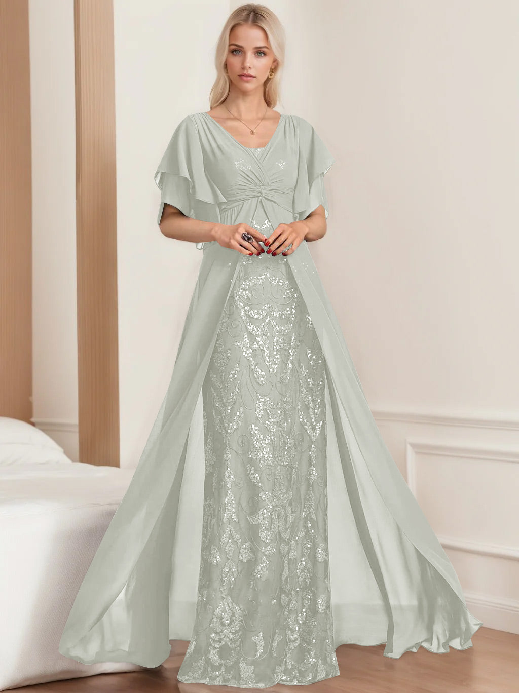 A-Line/Princess V-Neck Half Sleeves Floor-Length Plus SizeMother of the Bride Dresses with Pleated