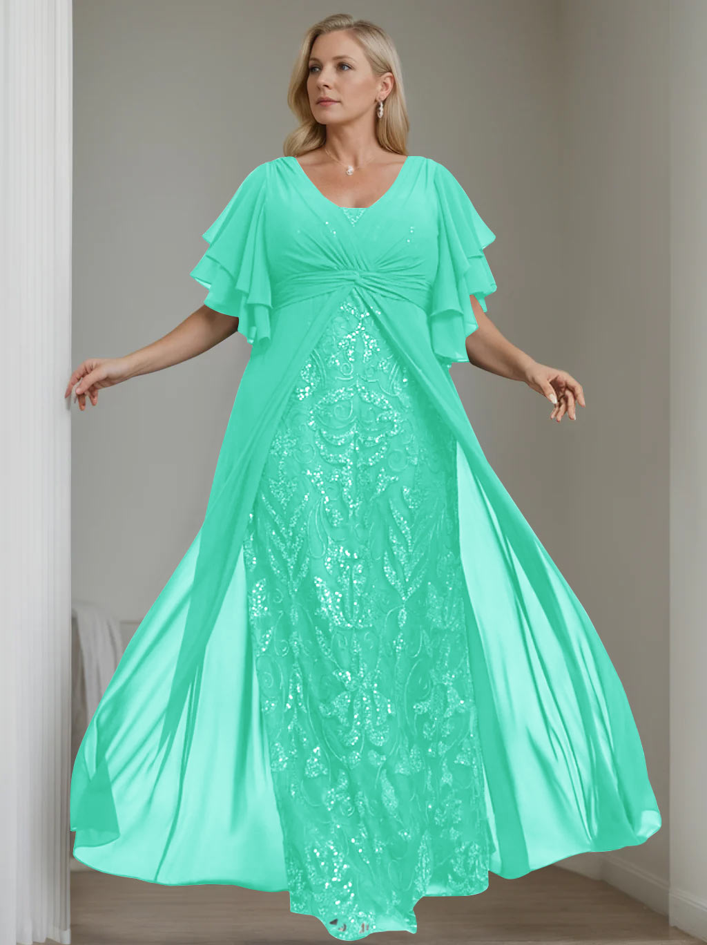 A-Line/Princess V-Neck Half Sleeves Floor-Length Plus Size Mother of the Bride Dresses with Pleated