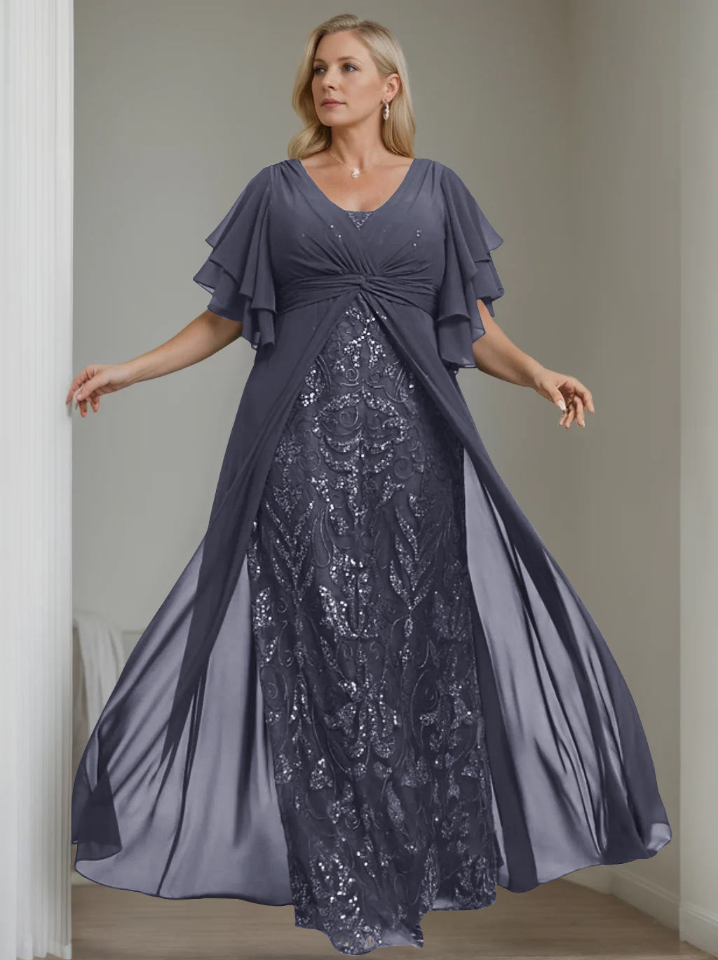 A-Line/Princess V-Neck Half Sleeves Floor-Length Plus Size Mother of the Bride Dresses with Pleated