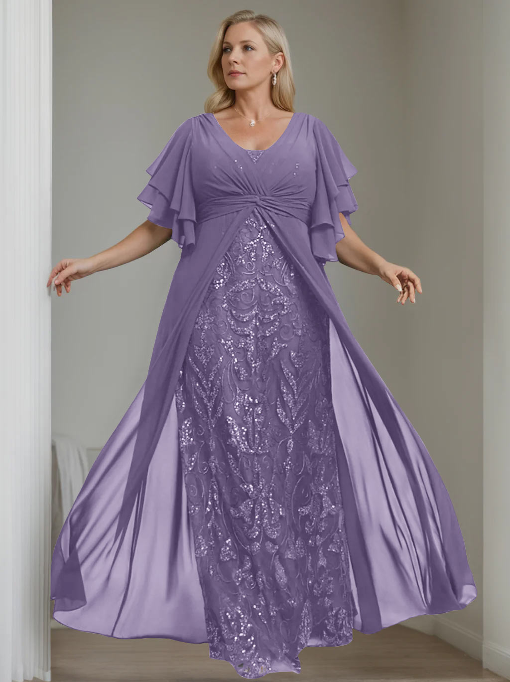 A-Line/Princess V-Neck Half Sleeves Floor-Length Plus Size Mother of the Bride Dresses with Pleated