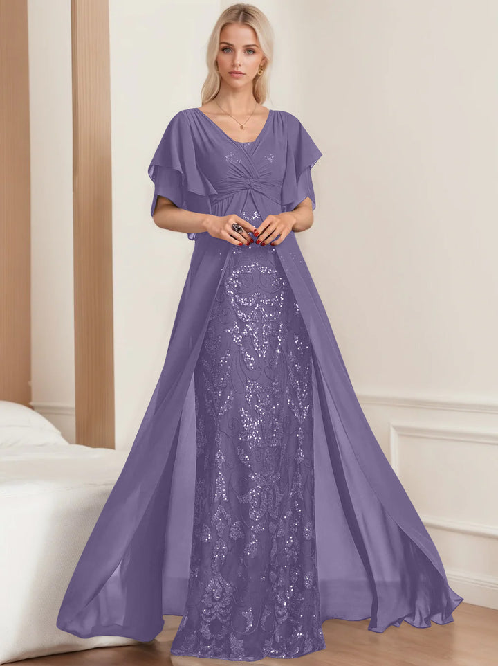 A-Line/Princess V-Neck Half Sleeves Floor-Length Plus SizeMother of the Bride Dresses with Pleated