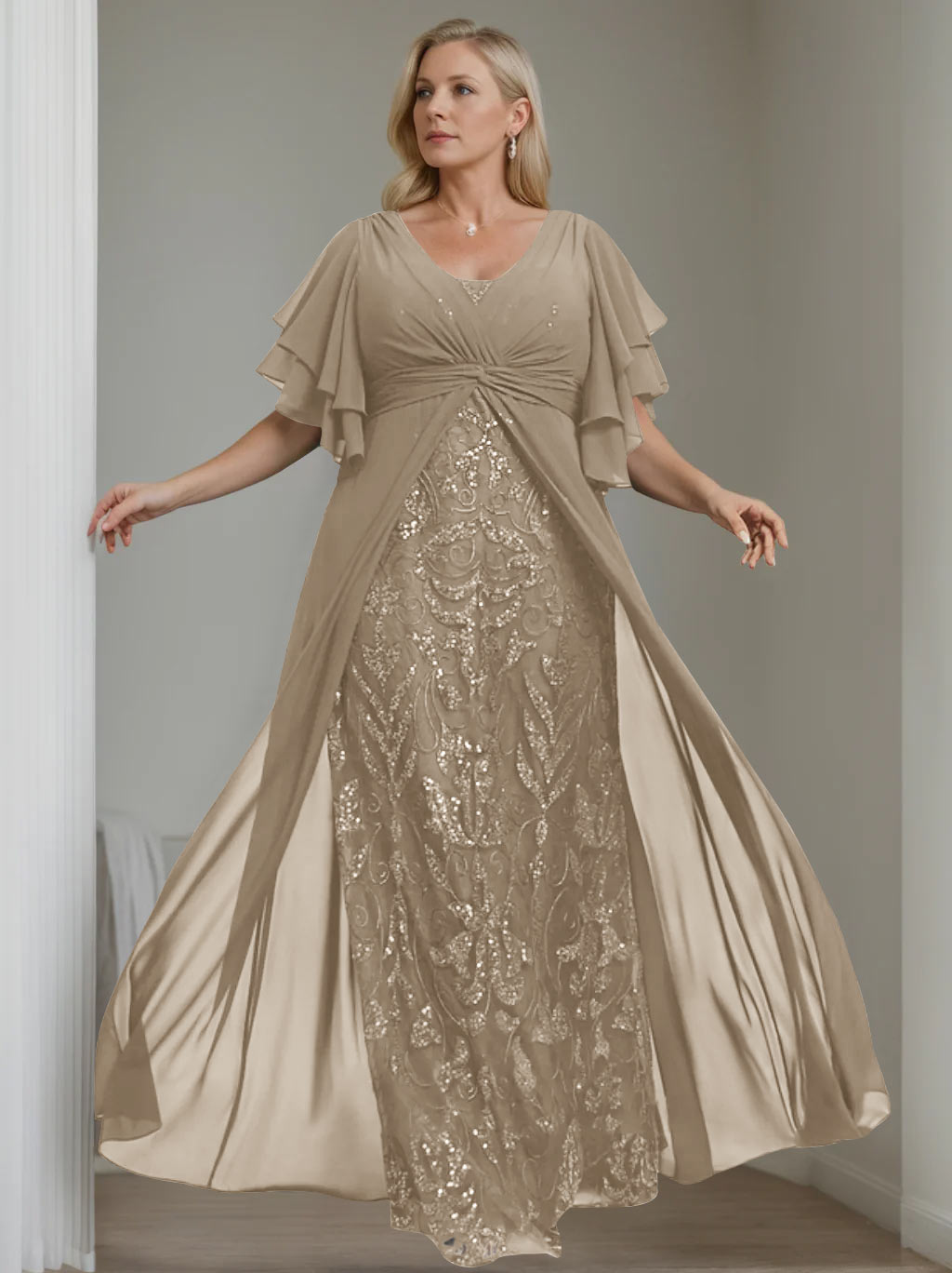 A-Line/Princess V-Neck Half Sleeves Floor-Length Plus Size Mother of the Bride Dresses with Pleated