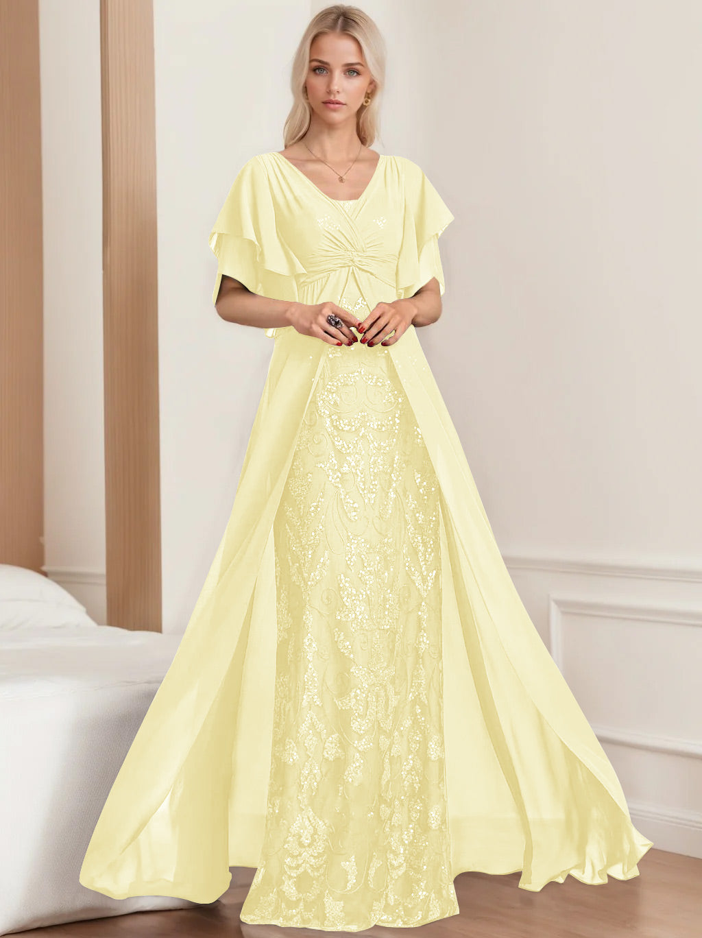 A-Line/Princess V-Neck Half Sleeves Floor-Length Plus SizeMother of the Bride Dresses with Pleated