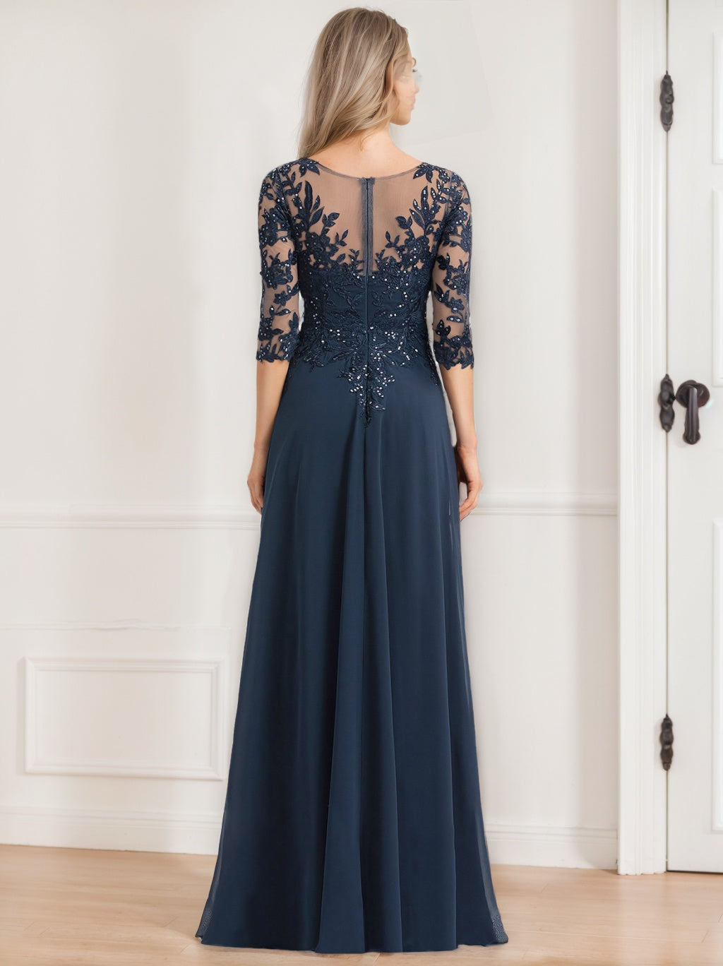 A-Line/Princess V-Neck Half Sleeves Floor-Length Mother of the Bride Dresses with Sequins