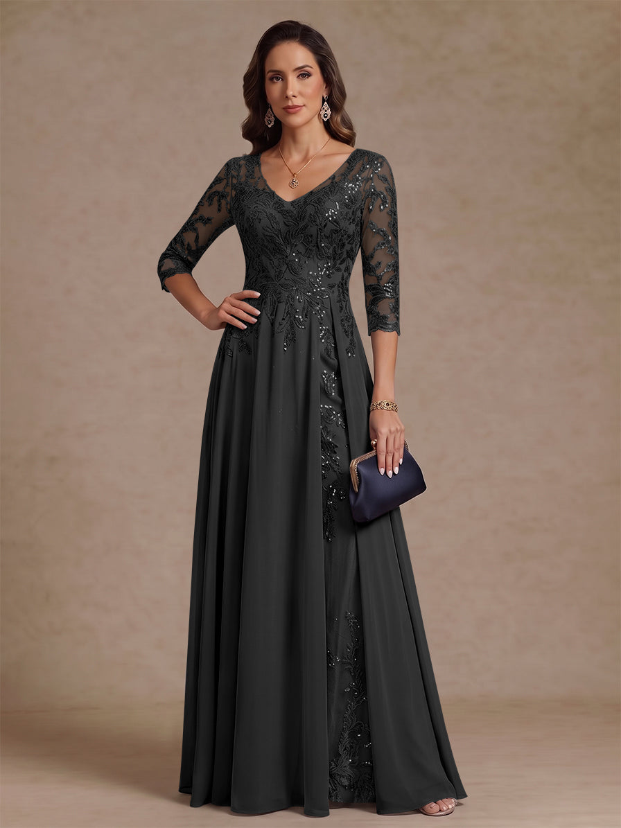 A-Line/Princess V-Neck Half Sleeves Floor-Length Mother of the Bride Dresses with Sequins