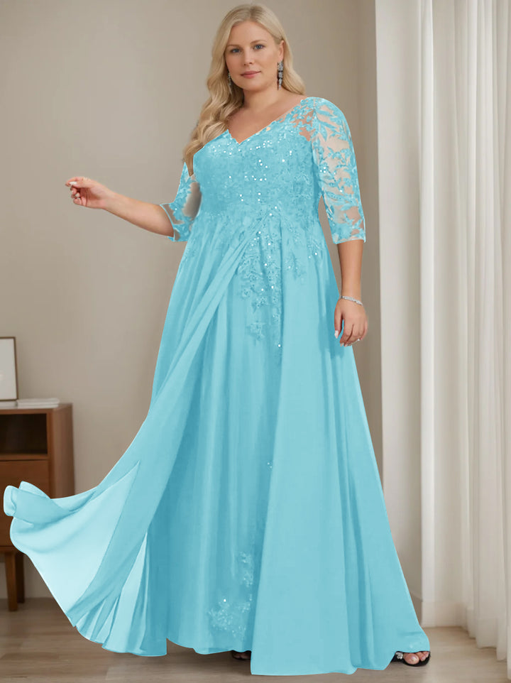 A-Line/Princess V-Neck Half Sleeves Floor-Length Plus Size Mother of the Bride Dresses with Sequins