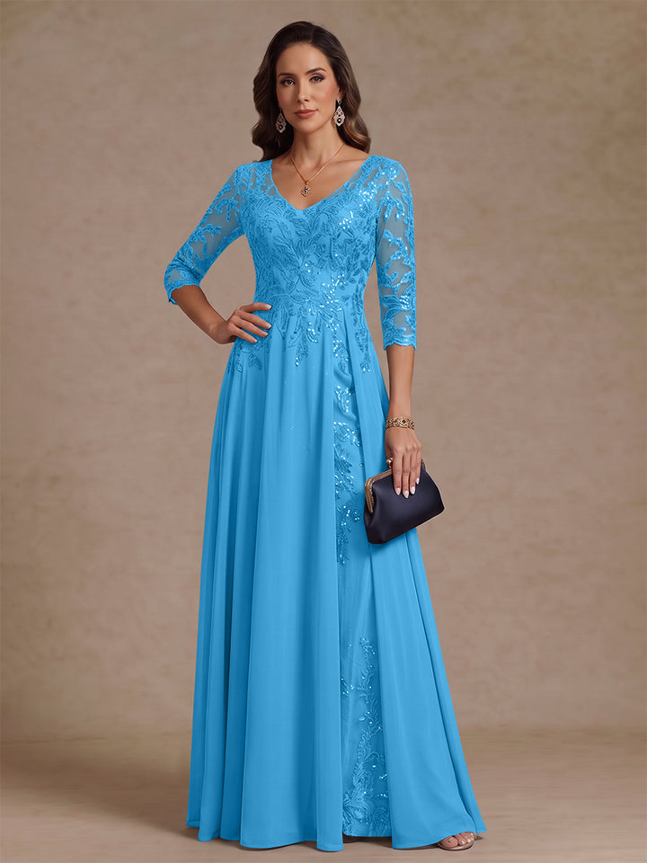 A-Line/Princess V-Neck Half Sleeves Floor-Length Mother of the Bride Dresses with Sequins