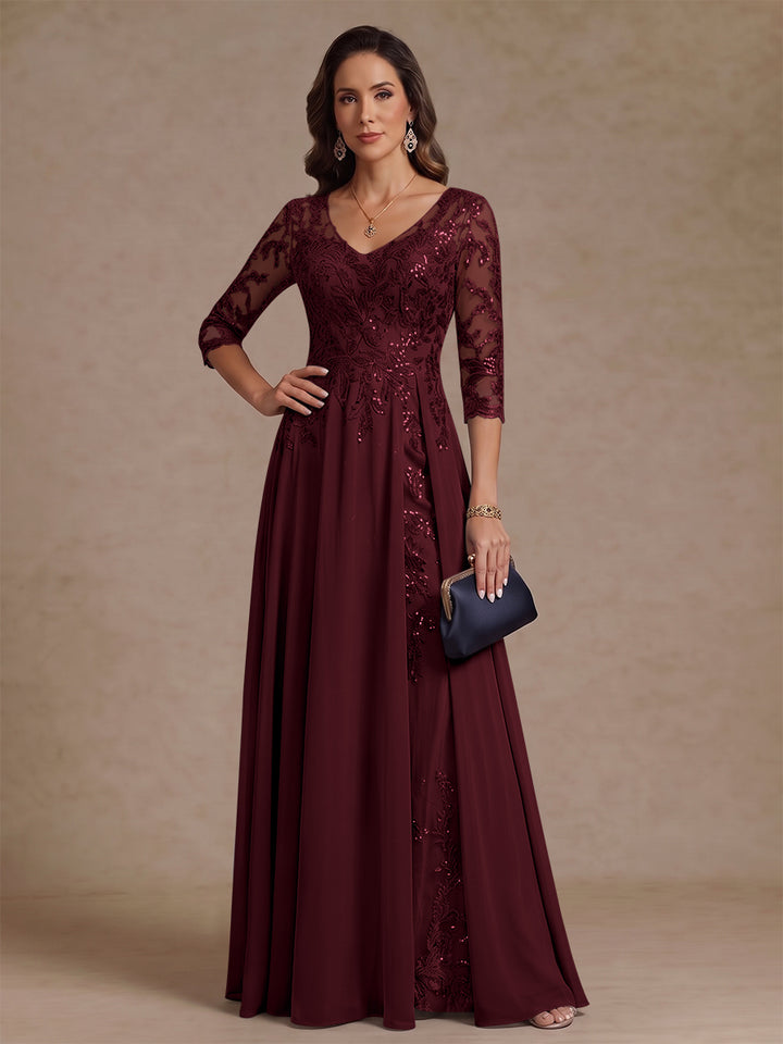 A-Line/Princess V-Neck Half Sleeves Floor-Length Mother of the Bride Dresses with Sequins