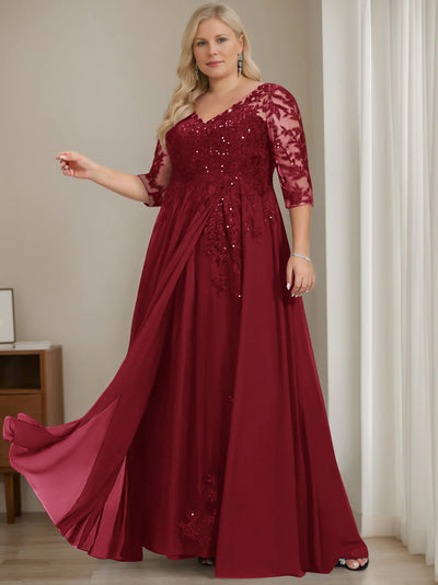 A-Line/Princess Round Neck Half Sleeves Floor-Length Plus Size Mother of the Bride Dresses with Hot Drill main image 1