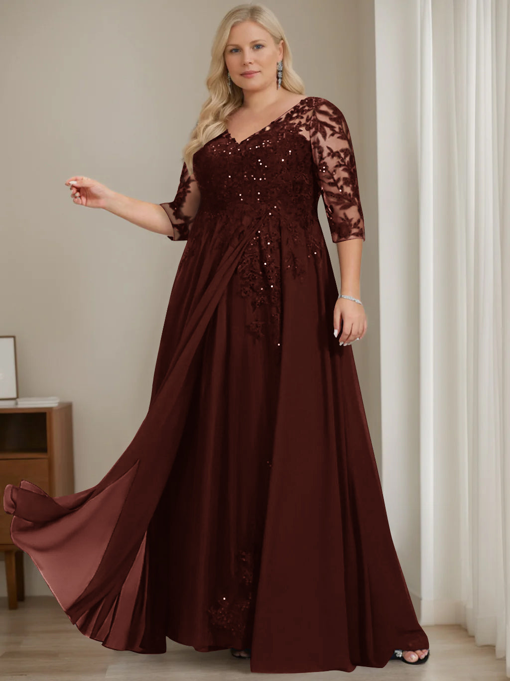 A-Line/Princess V-Neck Half Sleeves Floor-Length Plus Size Mother of the Bride Dresses with Sequins Cabernet A-Line/Princess V-Neck Half Sleeves Floor-Length Plus Size Mother of the Bride Dresses with Sequins Cabernet