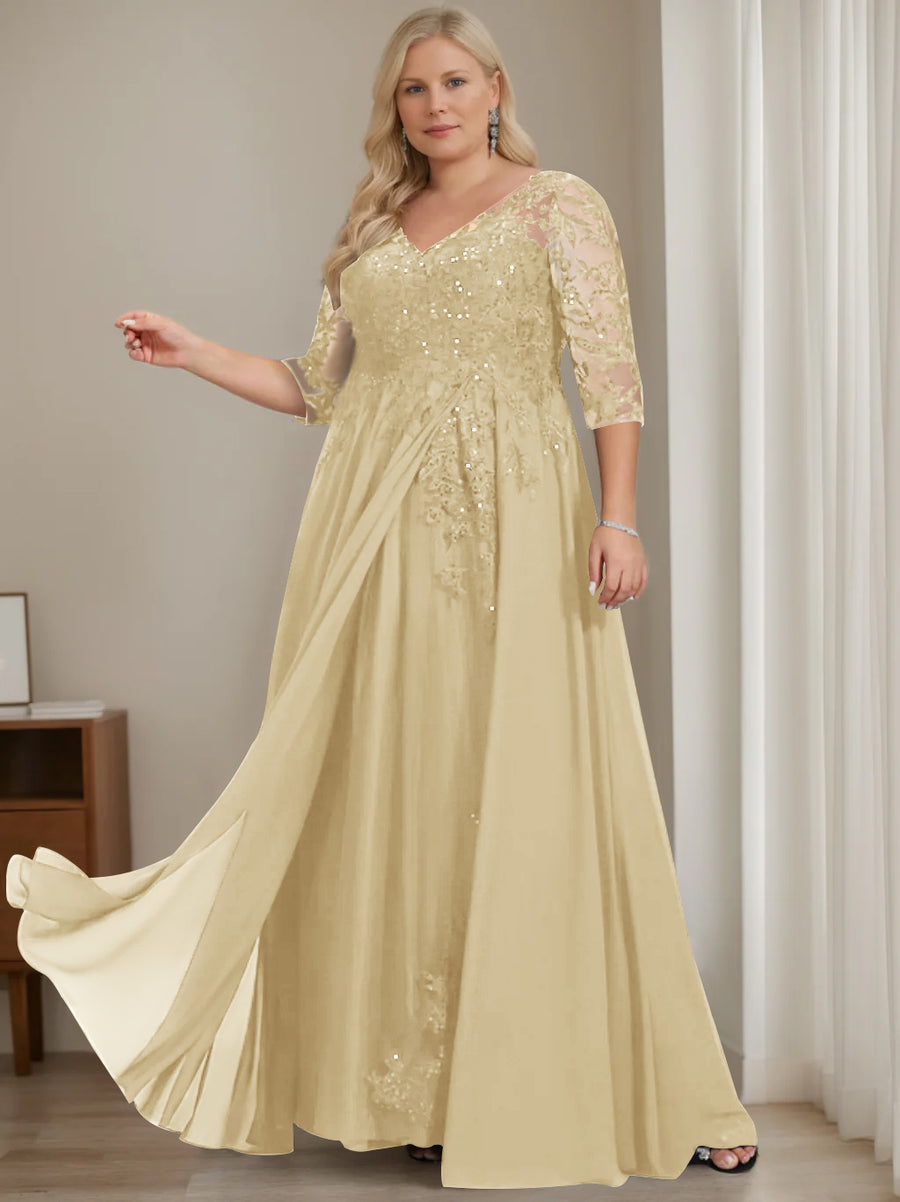 A-Line/Princess V-Neck Half Sleeves Floor-Length Plus Size Mother of the Bride Dresses with Sequins