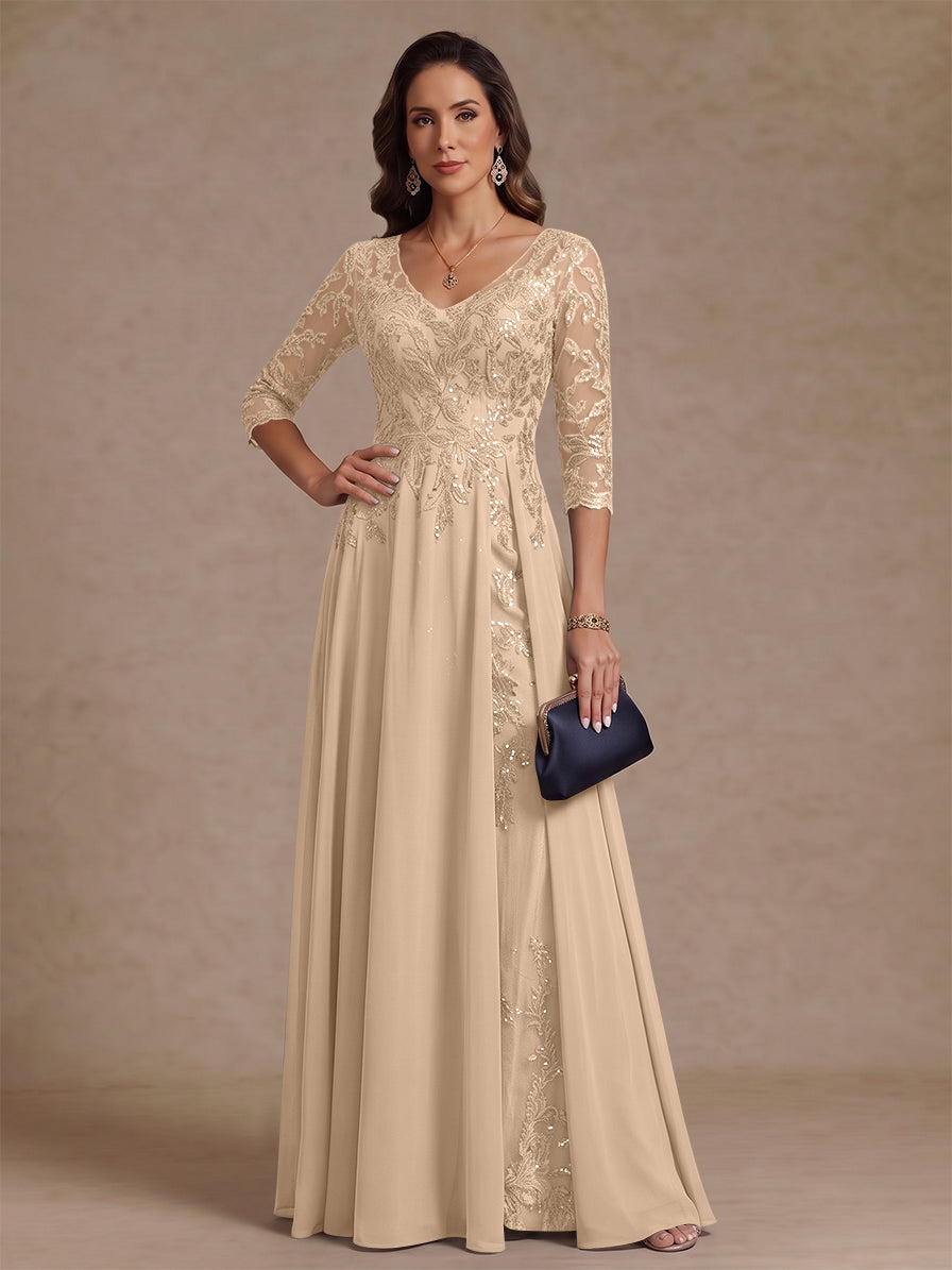 A-Line/Princess V-Neck Half Sleeves Floor-Length Mother of the Bride Dresses with Sequins