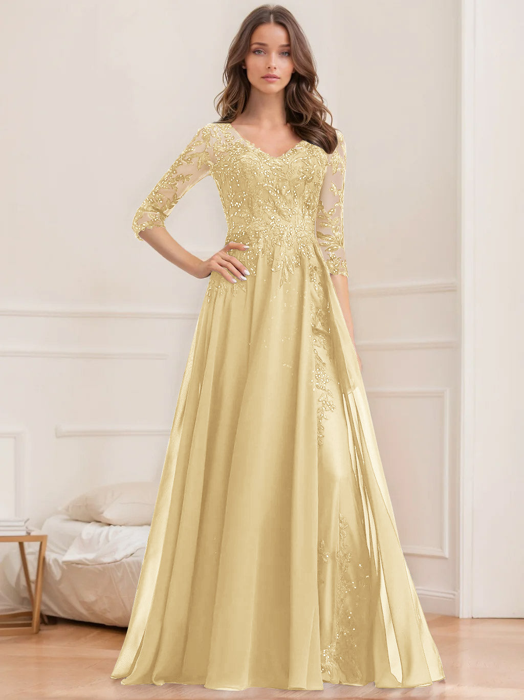 A-Line/Princess V-Neck Half Sleeves Floor-Length Mother of the Bride Dresses with Sequins