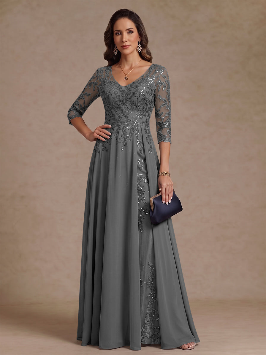 A-Line/Princess V-Neck Half Sleeves Floor-Length Mother of the Bride Dresses with Sequins