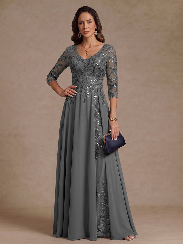 A-Line/Princess V-Neck Half Sleeves Floor-Length Mother of the Bride Dresses with Sequins