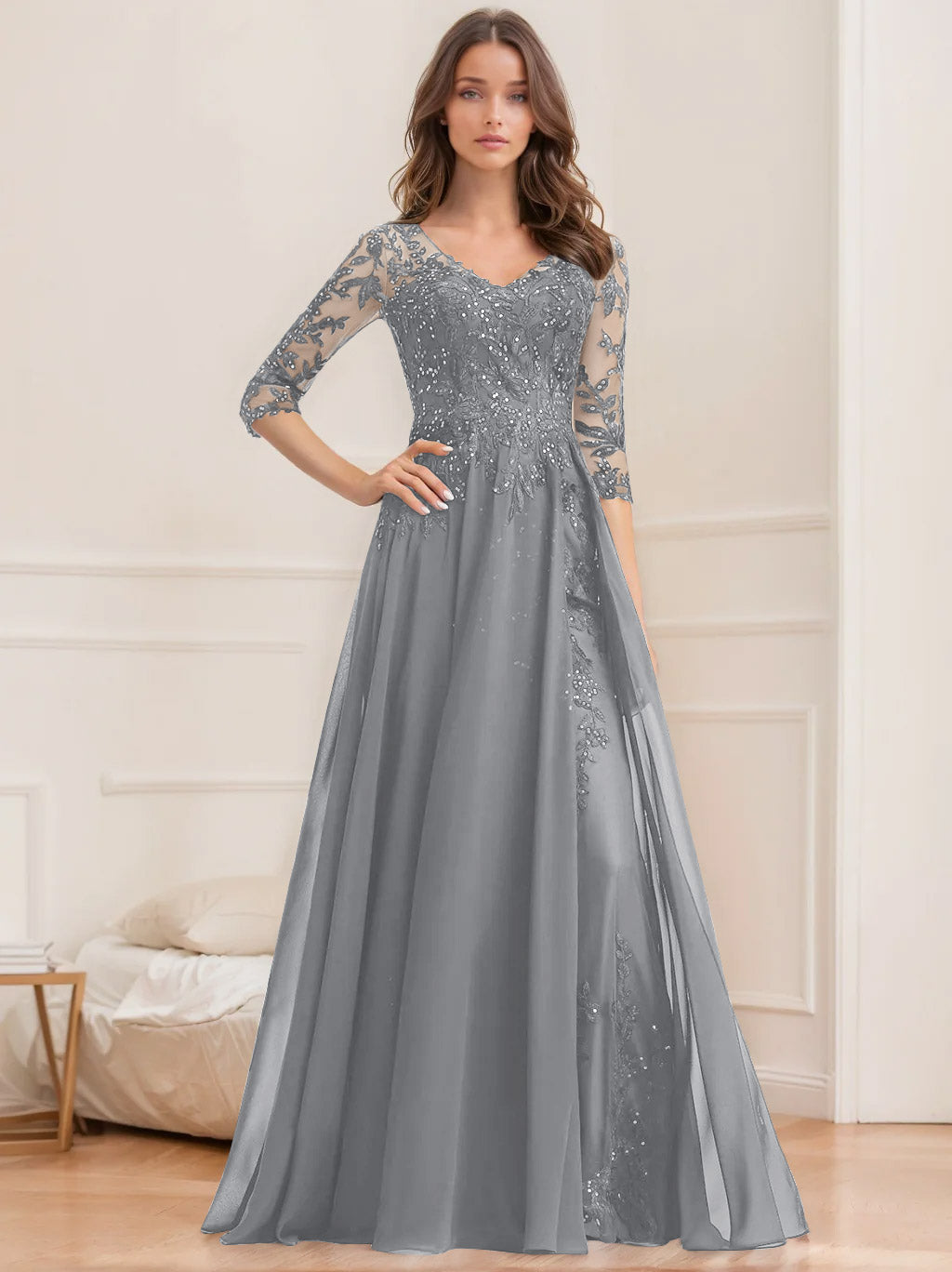 A-Line/Princess V-Neck Half Sleeves Floor-Length Mother of the Bride Dresses with Sequins