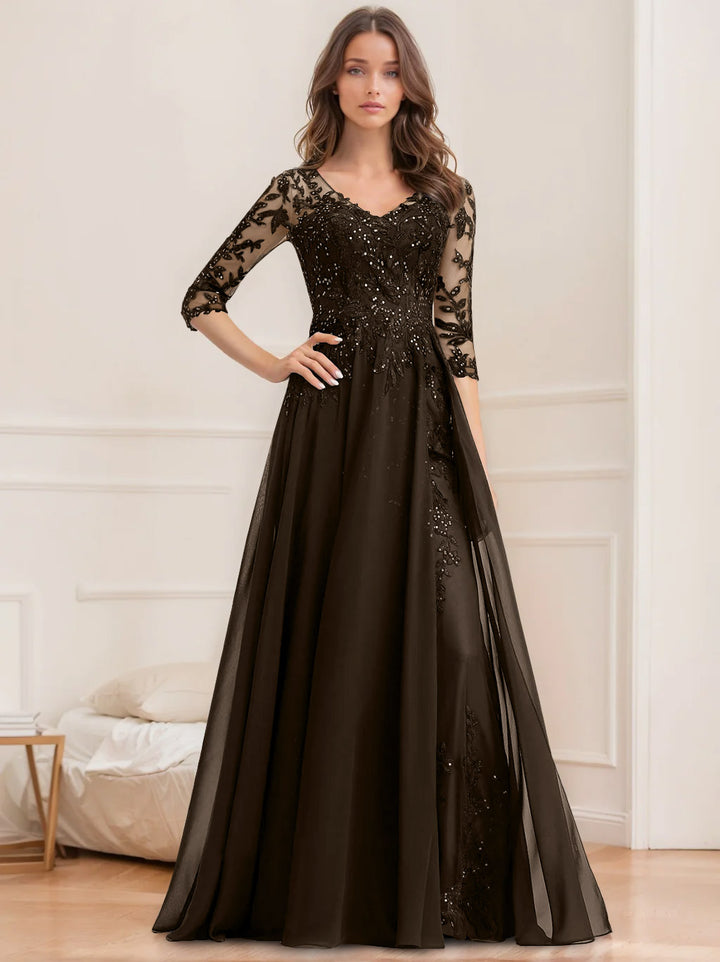 A-Line/Princess V-Neck Half Sleeves Floor-Length Mother of the Bride Dresses with Sequins