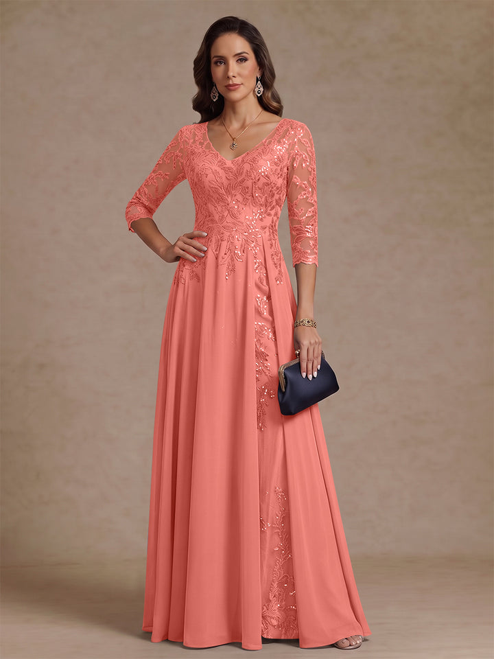 A-Line/Princess V-Neck Half Sleeves Floor-Length Mother of the Bride Dresses with Sequins