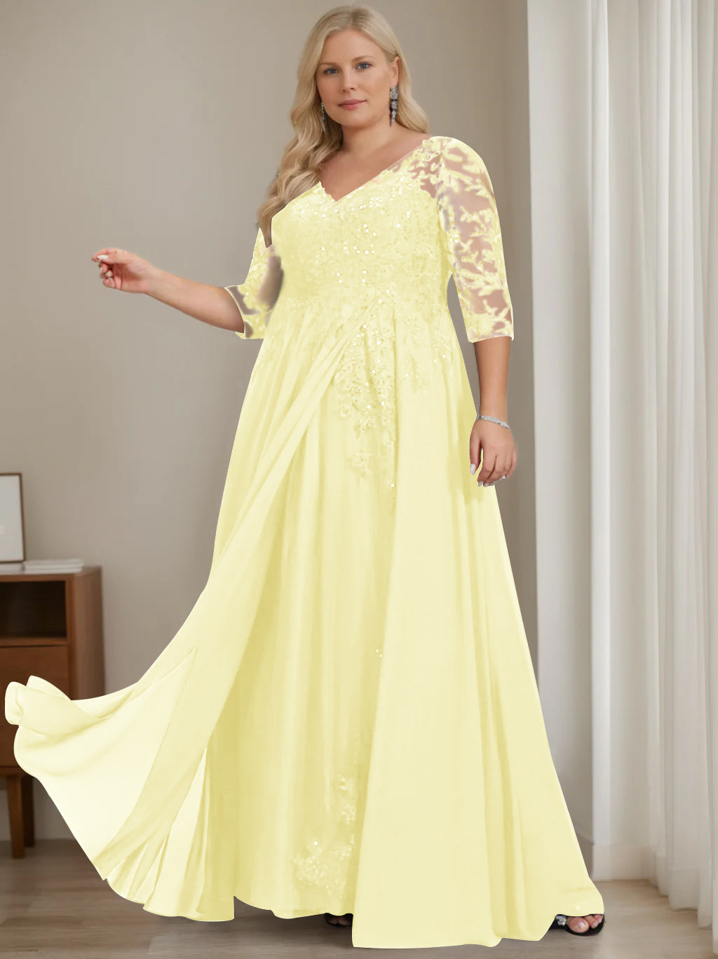 A-Line/Princess V-Neck Half Sleeves Floor-Length Plus Size Mother of the Bride Dresses with Sequins Daffodil