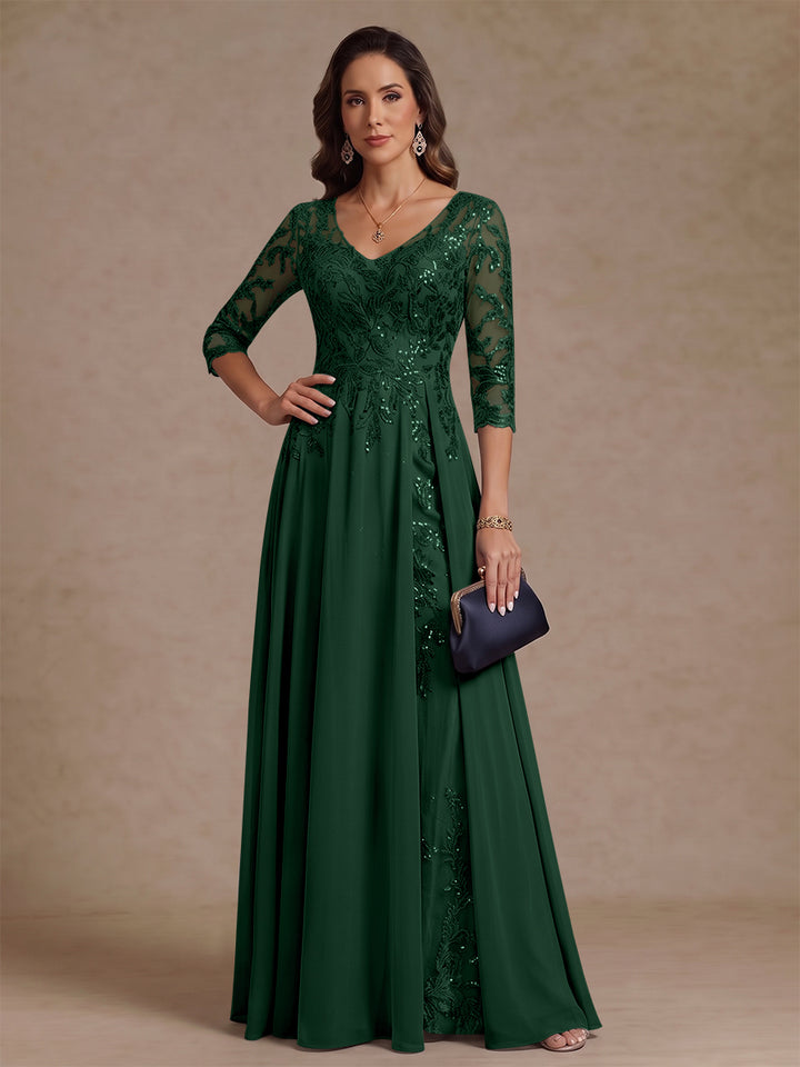 A-Line/Princess V-Neck Half Sleeves Floor-Length Mother of the Bride Dresses with Sequins