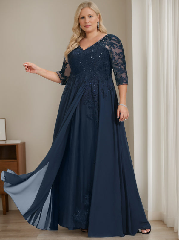 A-Line/Princess V-Neck Half Sleeves Floor-Length Plus Size Mother of the Bride Dresses with Sequins