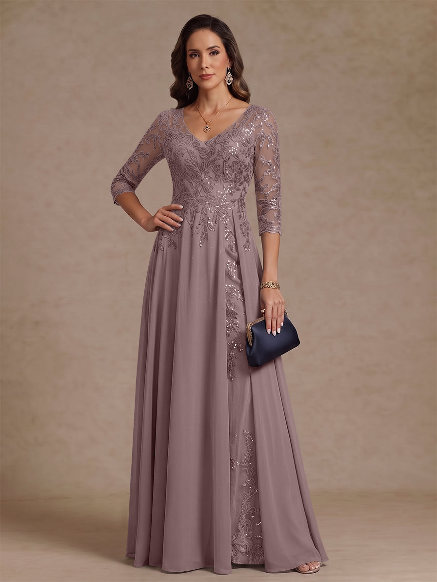 A-Line/Princess V-Neck Half Sleeves Floor-Length Mother of the Bride Dresses with Sequins