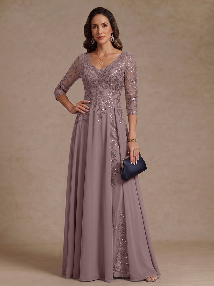 A-Line/Princess V-Neck Half Sleeves Floor-Length Mother of the Bride Dresses with Sequins