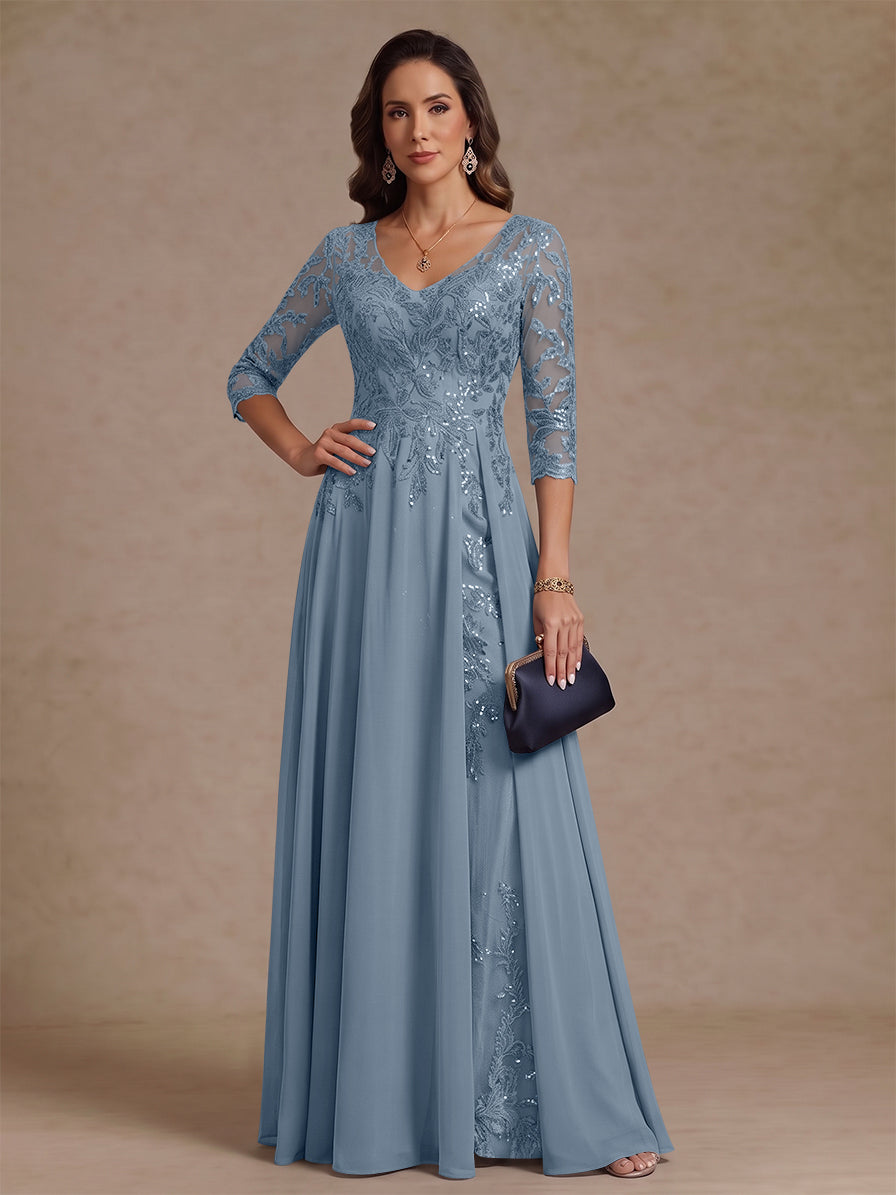 A-Line/Princess V-Neck Half Sleeves Floor-Length Mother of the Bride Dresses with Sequins