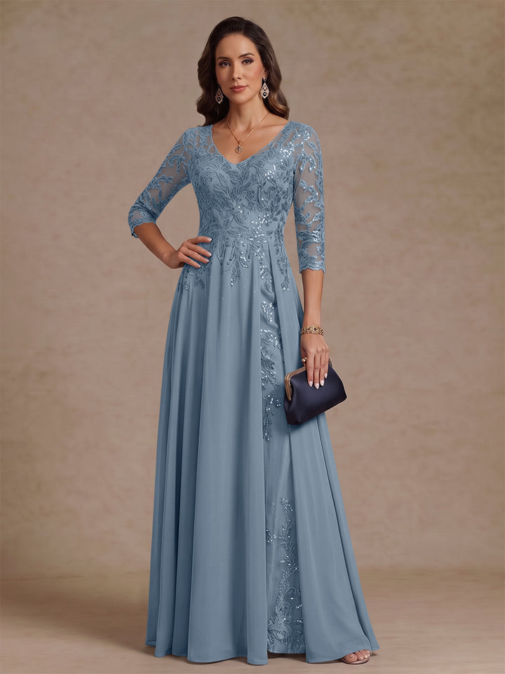 A-Line/Princess V-Neck Half Sleeves Floor-Length Mother of the Bride Dresses with Sequins